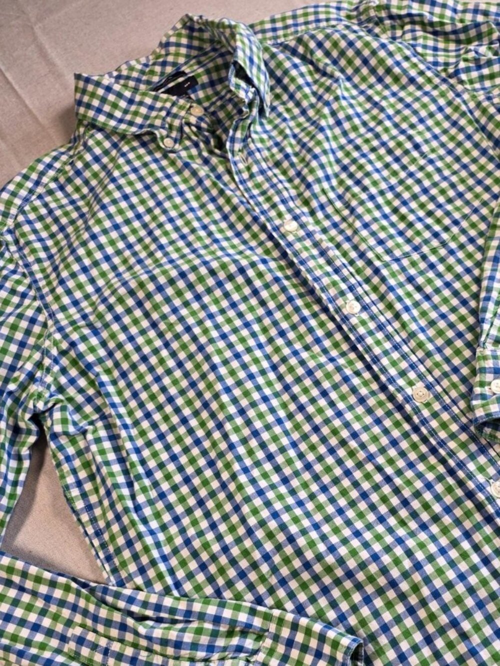 Mens GAP Slim Fit Green Blue White Check Button Down Dress Shirt (Large)